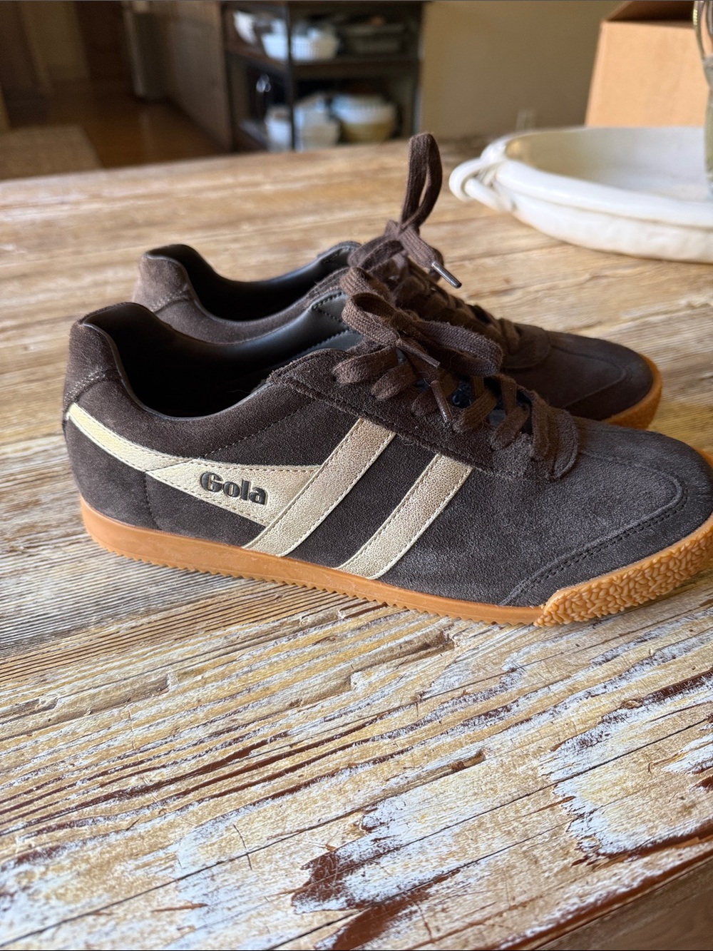 Gola Brown Suede Sneakers with Gold Stripes